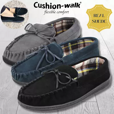 Buy Mens Cushion Walk Real Suede Check Lined Moccasin Full Slippers -Best Sellers • 17.95£