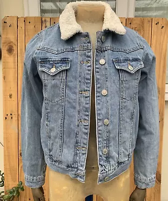 Buy Topshop Blue Denim Jacket Size 6 Sherpa Fleece Lined Button Front • 5£