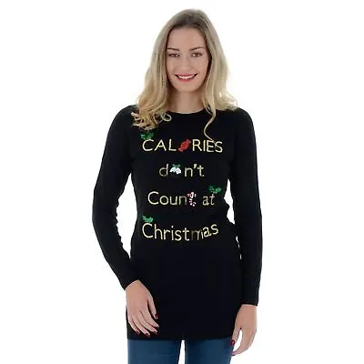 Buy Ladies Christmas Jumper Long Fun Sequins Calories Slogan Womens Grey Black Red • 15.99£