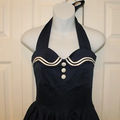Buy Hell Bunny Vixen Blue Sailor Mini Halter Dress New With Tags M • 47.36£