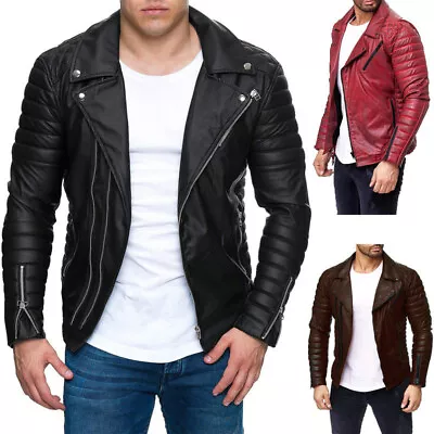 Buy Mens Lapel Leather Motorcycle Jacket Retro Fashion Biker Overcoat Black Red Coat • 35.98£
