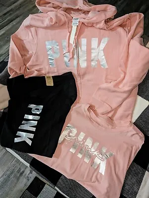 Buy Victoria's Secret Pink Full Zip Hoodie Silver Pink Shine Foil Shorts Tee Xxl • 59.85£