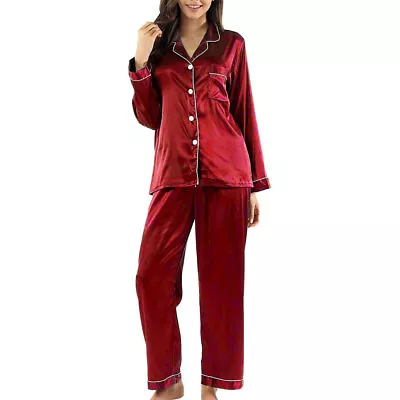 Buy Ladies Women Plain Silky Satin Pyjamas Silk PJ'S Sleepwear Long Sleeve Nightwear • 16.53£