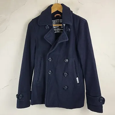 Buy Superdry Commodity Mens Small Wool Pea Coat Navy Woven Double Breasted Slim Fit • 32.69£