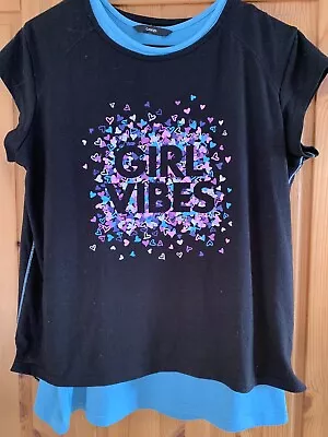 Buy George Girl’s Double Layer T-Shirt Girl Vibes Age 13-14 Black & Turquoise • 1.99£
