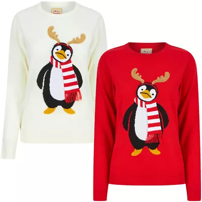 Buy Women's Novelty Christmas Jumper Penguin Antlers Sequin Motif Xmas Sweater • 16.99£