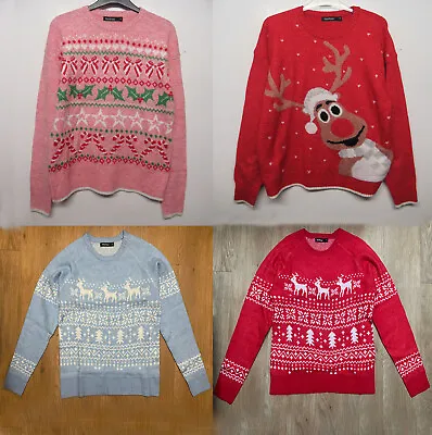 Buy Boohoo Women Xmas Red Blue Christmas Jumper Reindeer Snowflakes Sweater 10-20 • 9.99£