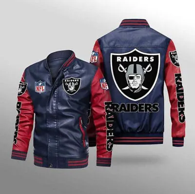 Buy Mens Vintage Leather Jacket Plus Size Raiders Biker Jacket Coat Baseball Jersey • 56.40£