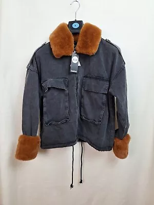 Buy Boohoo Ladies Detachable Faux Fur Trim Denim Jacket Size Uk 10 US 6 Washed Black • 39.95£