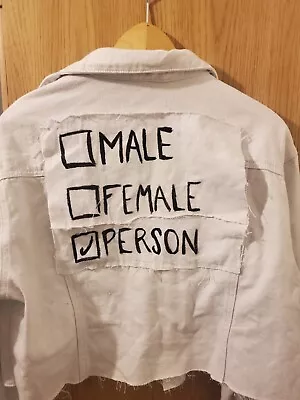 Buy Unisex White Denim Jacket Cropped Ripped Punk Rock Male Female Person • 9.99£