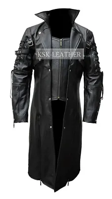 Buy Men Black Genuine Leather Steampunk Trench Coat • 146.47£