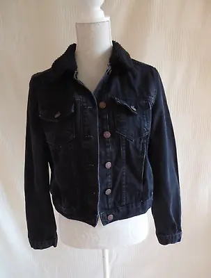 Buy New Look Long Sleeve Dist Black Denim Fleece Collar Jacket Size 12 / 14 Label M • 12.99£