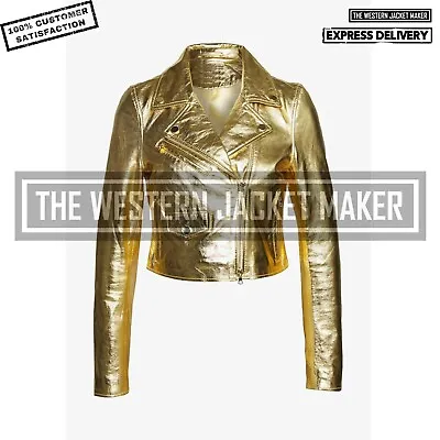 Buy Women Metallic Gold Biker Jacket Real Leather Women Cropped Motorcycle Jacket • 113.41£
