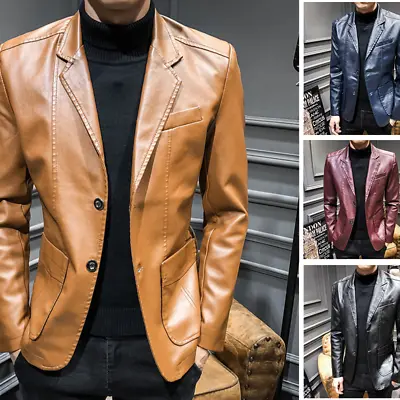 Buy Men's Leather Jacket Slim Fit Two Button Blazer Business Lapel Coat Casual Party • 30.60£