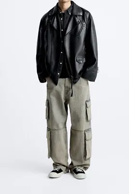 Buy Zara Man Black Real Leather Oversized Biker Jacket, Size L-BNWT, RP £149 • 65£