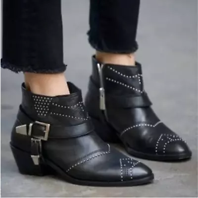 Buy Anine Bing Bianca Boots Black Leather Studded Ankle Strap Buckle Sz 36 / 6 • 330.75£