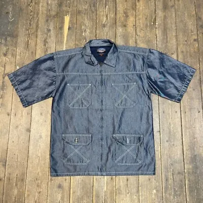 Buy Vintage Denim Shirt Biker Y2K Full Zip Short Sleeve Jacket, Blue, Mens XL • 32£