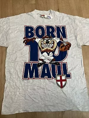 Buy Vintage 90s T-shirt Taz Tazmanian Devil Born To Maul Rugby XL Nutmeg Tag WB Tag • 30£