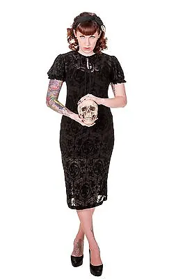 Buy Ladies Gothic Black Skull Floral Crosses  Flock Lace Long Retro Dress Goth Emo • 43.99£