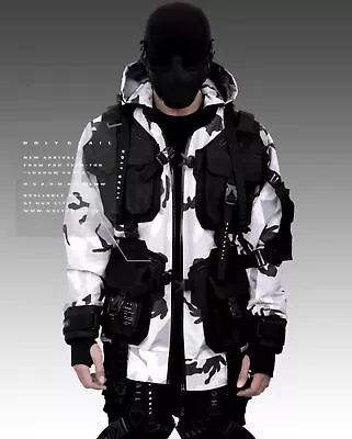Buy Men's Techwear White Camouflage Jacket Hoodie Full Zip Buckle H-G B.O.M.B 04/CMW • 243.39£