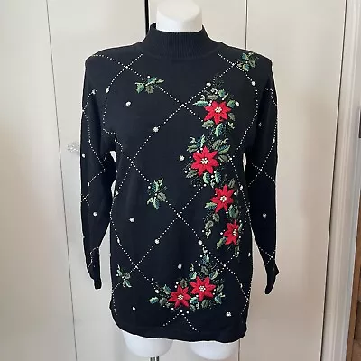 Buy Victoria Jones Womens High Neck Sweater Christmas Holly Embroidered Beaded VTG L • 28.94£