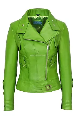 Buy SUPERMODEL Ladies Lime Green Biker Style Real Napa Italian Leather Jacket 4110 • 114.76£