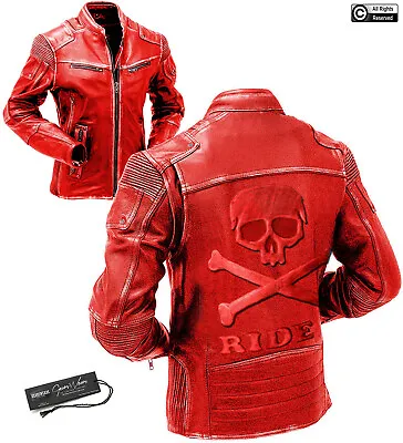 Buy Mens Red Classic Biker Motorcycle Cafe Racer Genuine Leather Jacket With Skull • 269.99£