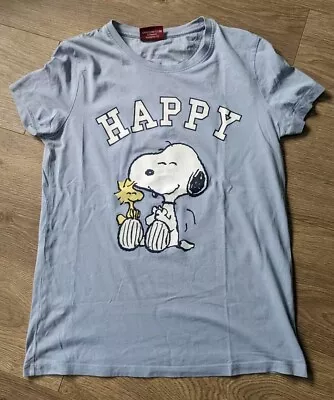 Buy Peanuts Snoopy & Woodstock Happy T-Shirt Light Blue Short Sleeves Womens Small • 12£