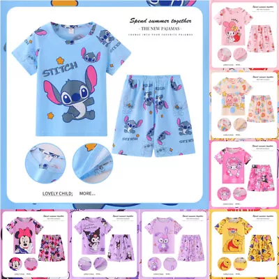 Buy Boys Girls Stitch Cartoon Pyjamas Kids Summer Short Sleeve T-Shirt Shorts Set UK • 6.49£