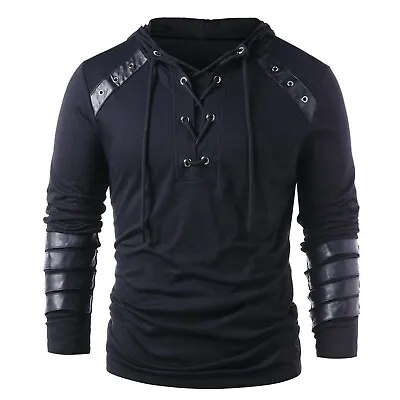 Buy Mens Gothic Lace Up Hoodie Shirts Retro Sweatshirt Vintage Steampunk Hooded Tops • 28.79£