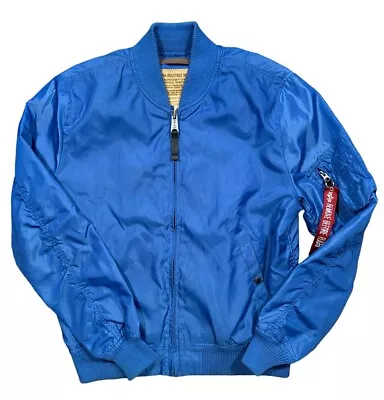 Buy Alpha Industries Blue Bomber Jacket MA1 Flight Jacket Coat Orange Lining Large • 59.09£