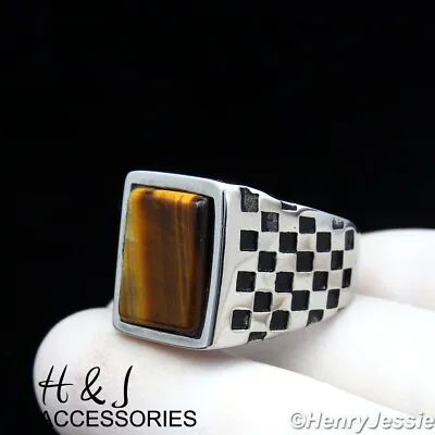 Buy MEN Stainless Steel Rectangle Tiger Eye Silver/Black Plated Mosaic Ring*AR136 • 15.42£