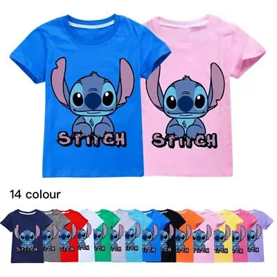 Buy Kids Boys Girls Stitch And Lilo Print Casual Short Sleeve T-Shirt Cotton Top UK • 8.98£