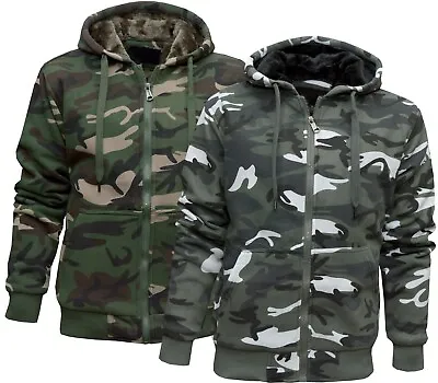 Buy Mens Camouflage Hoodie Fur Lined Full Zip Army Camo Hooded Winter Jacket M - 3XL • 25.95£