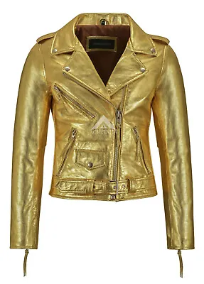 Buy Ladies Brando Jacket Gold Bikers Punk Tops Genuine Leather Jacket MBF • 94.83£