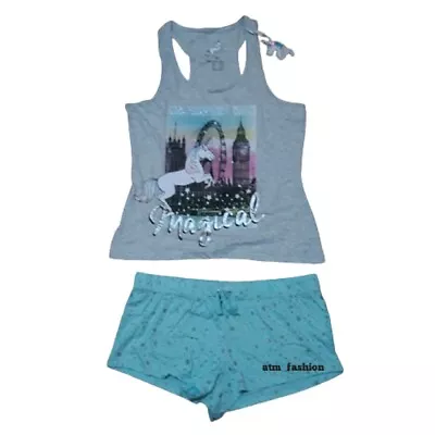 Buy Ladies UNICORN Logo Printed Vest & Shorts Pyjamas Set PJ New • 9.99£