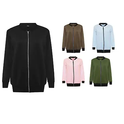 Buy Women's Plus Plain Bomber Jacket Ladies Basic Long Sleeve Zip Up Elasticated Top • 17.99£