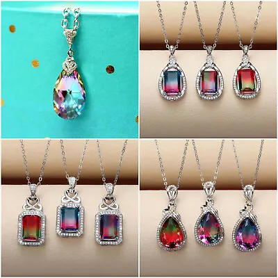 Buy Fashion Mystical Topaz Rainbow Pendant Necklace Women 925 Silver Wedding Jewelry • 3.97£