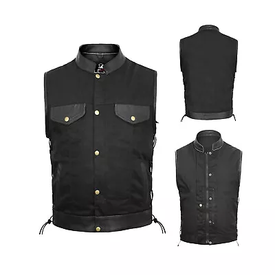 Buy Mens Biker Style Denim Club Vest Side Lace Waistcoat With Real Leather Trim  • 31.99£