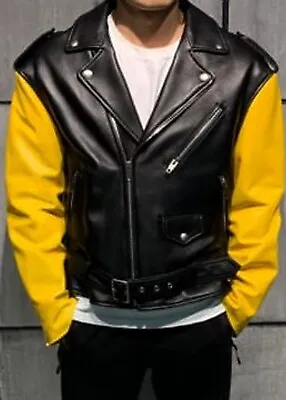 Buy MEN'S ASYMMETRICAL BIKER LEATHER JACKET SLIM FIT Yellow And Black NEW ARRIVAL • 96.37£