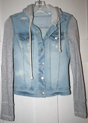 Buy Jean Jacket With Striped Sweatshirt Sleeves And Hoodie Women's Size XS • 12.87£