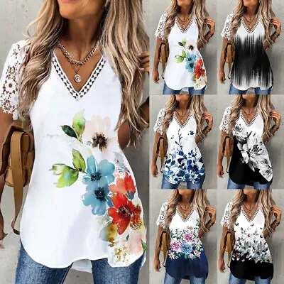 Buy Womens Boho Floral Tunic Tops Ladies V Neck Summer Lace Print T Shirt Blouse • 8.29£