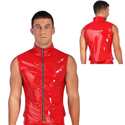 Buy UK Men Sleeveless Jackets Wet Look Patent Leather Stand Collar Vest Top Clubwear • 16.89£
