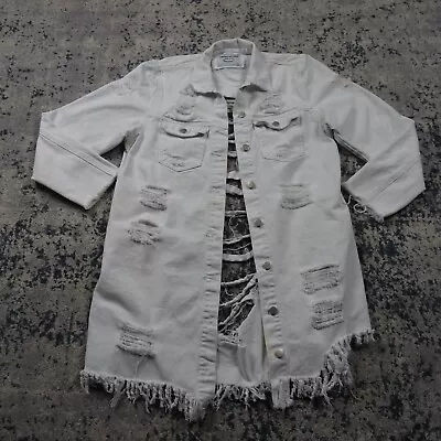 Buy American Bazi Denim Jacket Womens Large White Distressed Destroyed Shredded Jean • 7.87£