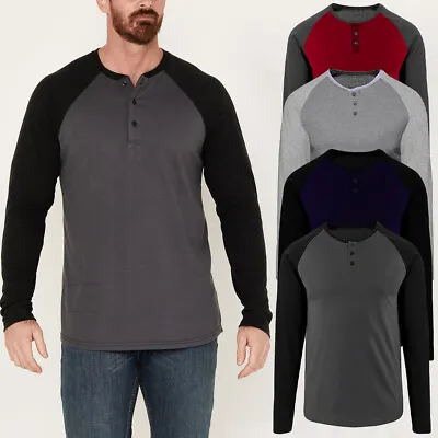 Buy Mens Long Sleeve Henley Raglan T Shirt Grandad Neck Contrast T-Shirt New Top • 6.96£