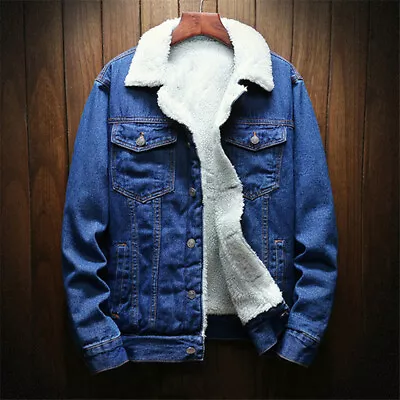 Buy Mens  Long Sleeve Denim Button Winter Coats Fleece Solid Turn-down Collar Jacket • 23.61£