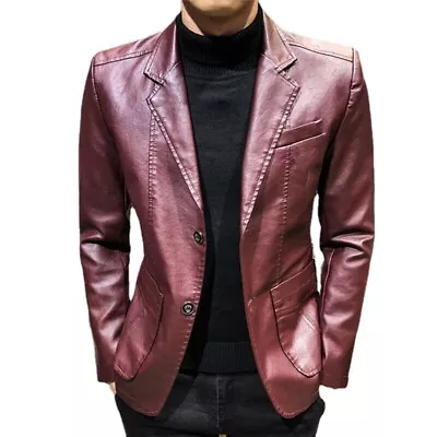 Buy Men Slim Faux Leather PU Jacket Notch Lapel V Neck Coat Tops Pocket Casual Soft • 43.19£