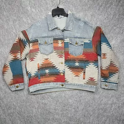 Buy Polagram Aztec Tribal Western Pattern Distressed Denim Jacket Boho Women's LG • 38.43£