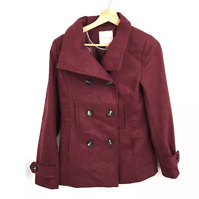 Buy NEW THREAD & SUPPLY Wool Blend Button Up Pea Coat Burgundy Red Jacket Classic S • 37.89£