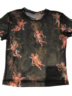 Buy Size 8 Black Cherub Print T-shirt Angel Baroque Mesh Sheer Crop Top Cupid Vintag • 6.80£
